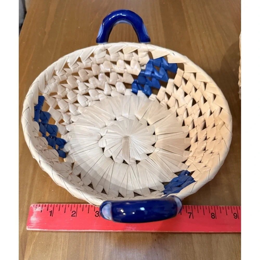 Vintage Wicker Bread Baskets Set of 2 Blue Ceramic Handles